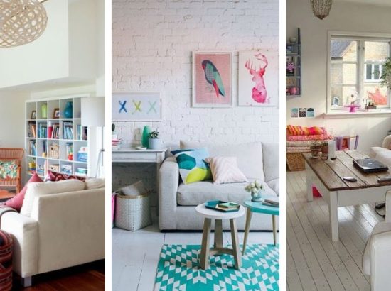 20 Ιδέες με πολύχρωμα σαλονάκια και λευκούς καναπέδες