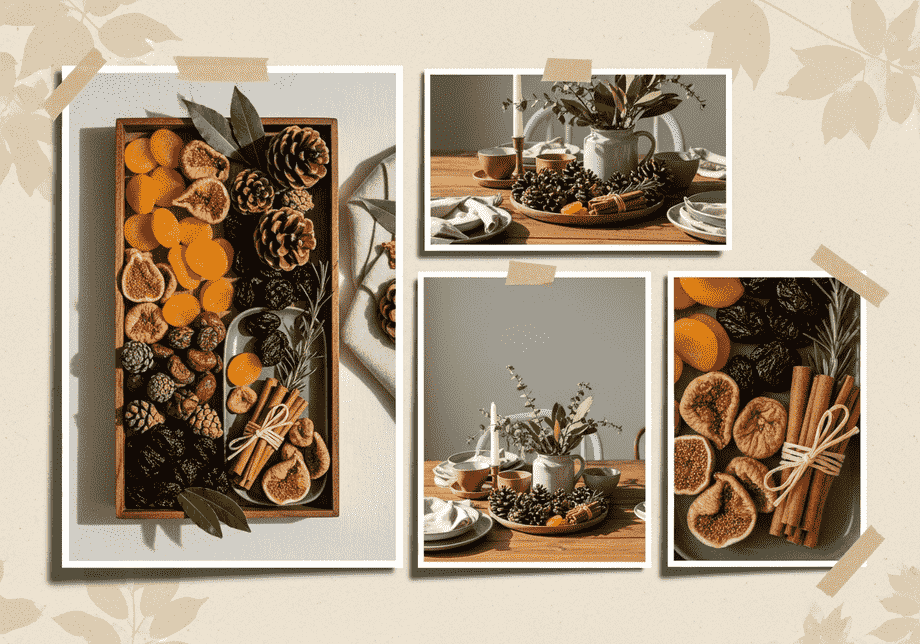 Γεύση φθινοπώρου: Διακόσμηση φθινοπωρινού τραπεζιού με δίσκους αποξηραμένα φρούτα, κουκουνάρια και κανέλα